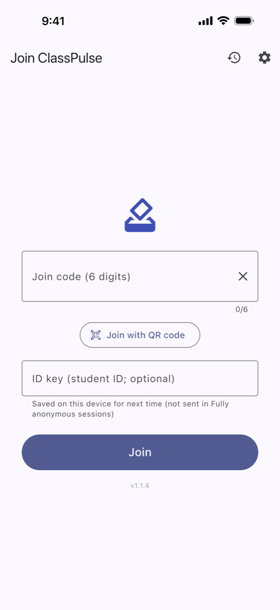 Join screen with a Join code (6 digits) field, a Join with QR code button, an ID key field, and a Join button