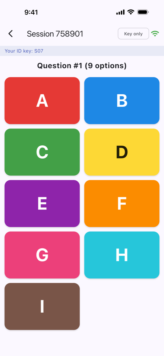 Multiple-choice question in a Key only session, with option buttons A–I