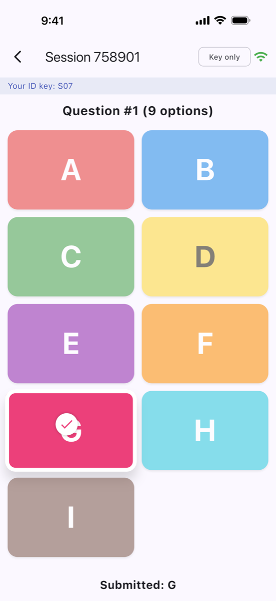 Option G selected, with Submitted: G shown below the option buttons