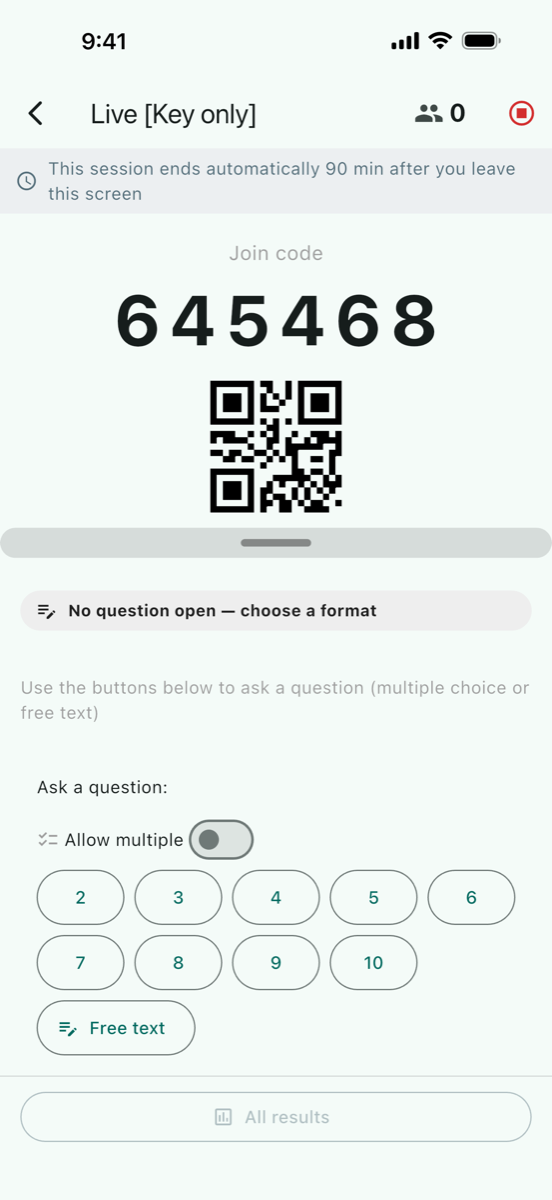 ClassPulse Studio session screen showing a 6-digit join code and a QR code, with buttons to ask a multiple-choice or free-text question