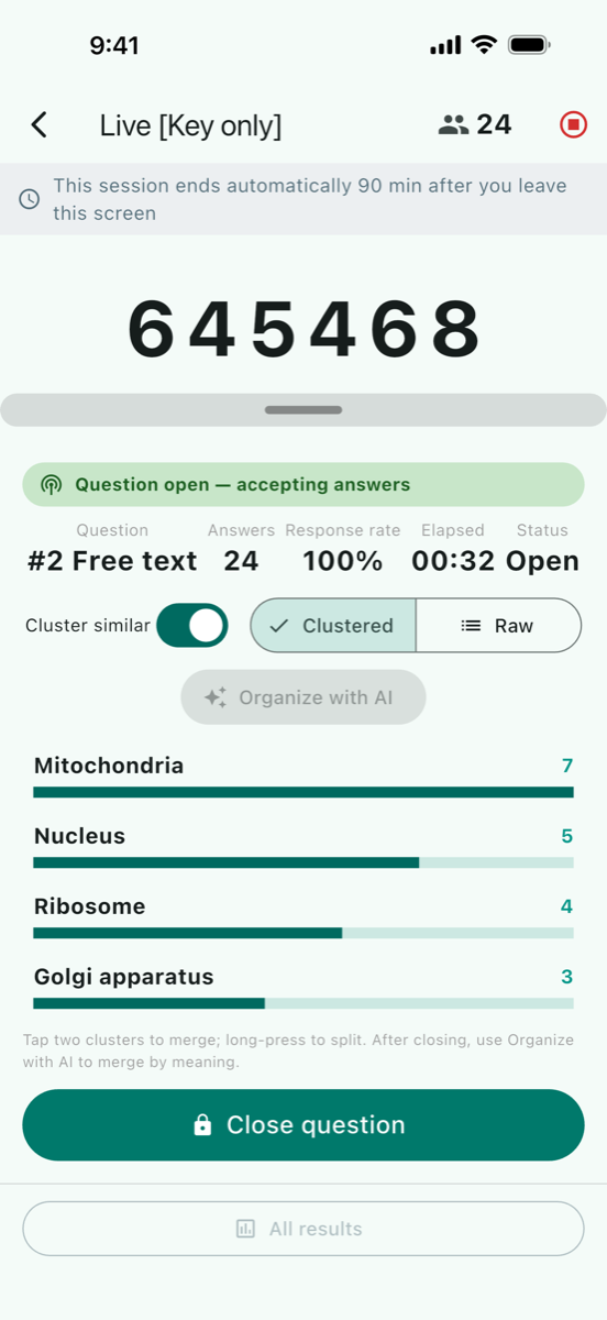 ClassPulse Studio showing free-text answers gathered into clusters by Cluster similar, with a count for each cluster